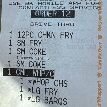 Burger King - I ordered a 8pc chicken fry, a small coke, and a whopper meal. Was still charged for a 12 pc, received 8. Still only received one coke. - Burgers Near Me - Weirton, West Virginia