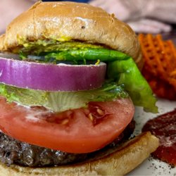 The Perfect Spot Restaurant and Bar - Hamburger and crispy sweet potato waffle fries