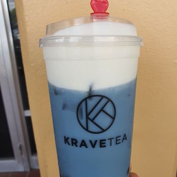 Krave Tea - Butterfly Pea Tea milk with honey and boba, topped with salted whipped cheese foam - Bubble Tea Near Me - Winter Park, Florida