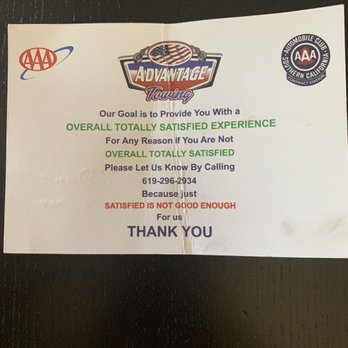 Advantage Towing - They refused to ensure I was totally satisfied. I would have been happy with half satisfied if they just wouldnt yell at me. - Towing Near Me - San Diego, California Advantage Towing - They refused to ensure I was totally satisfied. I would have been happy with half satisfied if they just wouldnt yell at me. - Towing Near Me - San Diego, California