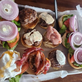 Crazee Burger - Slider names top to bottom left side: Elk, Antelope, & Venison. Right side: Water Buffalo, Turduken, & Ostrich. - Burgers Near Me - San Diego, California Crazee Burger - Slider names top to bottom left side: Elk, Antelope, & Venison. Right side: Water Buffalo, Turduken, & Ostrich. - Burgers Near Me - San Diego, California