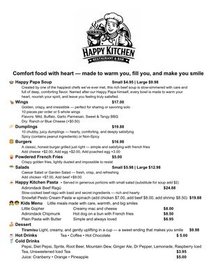 Menu photo 1 Happy Kitchen Restaurant & Bar North Creek, NY Menu photo 1 Happy Kitchen Restaurant & Bar North Creek, NY