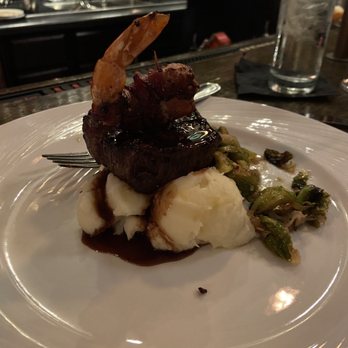 The Gryphon - Petit Filet.  Bacon wrapped shrimp.  And garlic mashed - New American Near Me - Burlington, Vermont