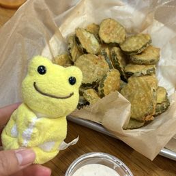 Fried Pickle Chip Basket with pickles the frog :)