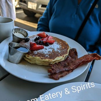 Bloom - Short stack and a side of candied bacon with chili flakes on it. The bacon was amazing. The fruit was wicked fresh and delicious - American Near Me - Santa Clara, California Bloom - Short stack and a side of candied bacon with chili flakes on it. The bacon was amazing. The fruit was wicked fresh and delicious - American Near Me - Santa Clara, California