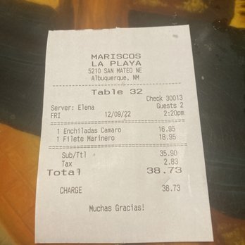 Mariscos La Playa - Mariscos La Playa.   The check. - Seafood Near Me - Albuquerque, New Mexico