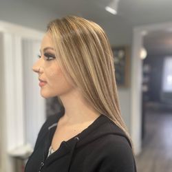 Hair Lounge - Color correction. From dark brown to blonde. Cut and color by Tess. 7758150775