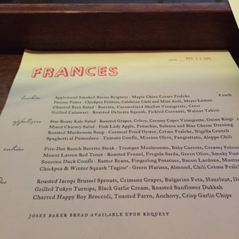 Frances - Menu - New American Near Me - San Francisco, California