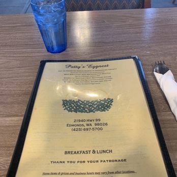 Patty's Eggnest - Menu front on a two-top, Friday 1 December 2023. - Breakfast & Brunch Near Me - Edmonds, Washington