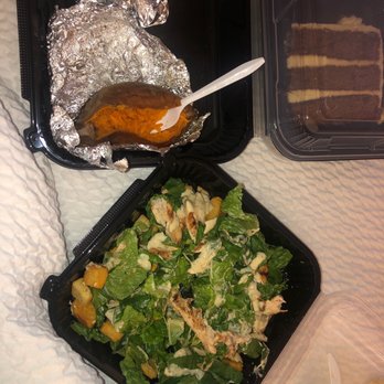 Outback Steakhouse - Cesar salad with chicken, side "loaded" sweet potato and piece of carrot cake. - Steakhouses Near Me - Paducah, Kentucky Outback Steakhouse - Cesar salad with chicken, side "loaded" sweet potato and piece of carrot cake. - Steakhouses Near Me - Paducah, Kentucky