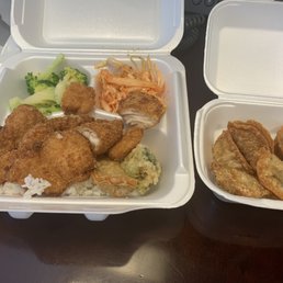 Fish Katsu meal (left) comes with rice and two sides $8. The separate order of dumplings (right) was $3.
