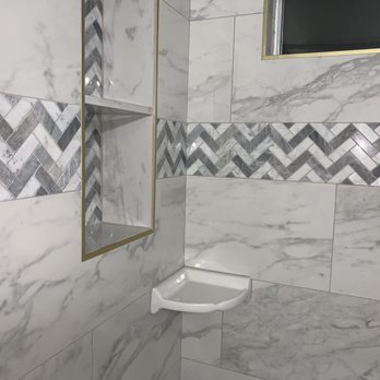 A3 Tile - Marble tile, chevron decorative tile with gold schluter  trim. I LOVE the pop of gold that breaks up the gray/white tones - Flooring Near Me - San Carlos, California