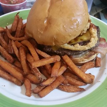 Fisher's Pub - Bourbon Burger with sweet potato fries - New American Near Me - Middleborough, Massachusetts Fisher's Pub - Bourbon Burger with sweet potato fries - New American Near Me - Middleborough, Massachusetts