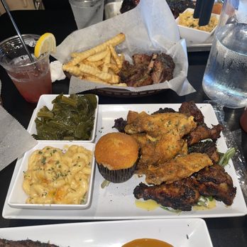 Tom, Dick & Hank - Rib tip & fries basket + 12 chicken wing platter. Half Lemon Pepper, half smoked bbq wings, collard greens and mac & cheese - Barbeque Near Me - Atlanta, Georgia Tom, Dick & Hank - Rib tip & fries basket + 12 chicken wing platter. Half Lemon Pepper, half smoked bbq wings, collard greens and mac & cheese - Barbeque Near Me - Atlanta, Georgia
