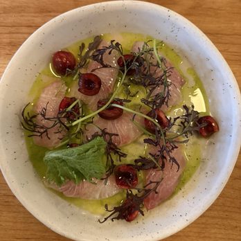 Range Life - BAJA KANPACHI CRUDO royal tioga cherry, young mustards, fig leaf oil - Desserts Near Me - Livermore, California Range Life - BAJA KANPACHI CRUDO royal tioga cherry, young mustards, fig leaf oil - Desserts Near Me - Livermore, California