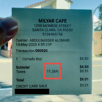 Milyar Coffee - Why 11.26% Taxes? City of Santa Clara is only 9.13%, Combined - Coffee & Tea Near Me - Santa Clara, California Milyar Coffee - Why 11.26% Taxes? City of Santa Clara is only 9.13%, Combined - Coffee & Tea Near Me - Santa Clara, California