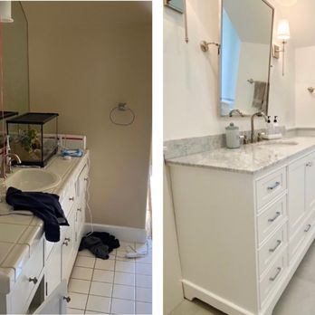 Janssen Custom Builders - Before and After of a new vanity, fixtures, flooring and wainscoting - General Contractors Near Me Janssen Custom Builders - Before and After of a new vanity, fixtures, flooring and wainscoting - General Contractors Near Me