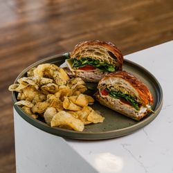 Pax & Beneficia Coffee - Las Colinas - Turkey Pesto Sandwich, Zaatar Chips