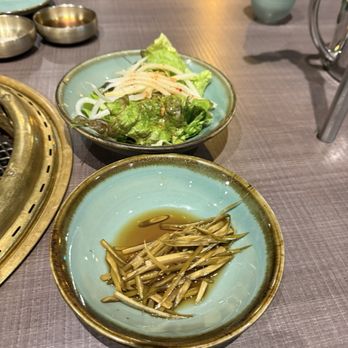 Sura Korean BBQ - Garlic stem and salad (banchan) - Korean Near Me - Richmond, British Columbia Sura Korean BBQ - Garlic stem and salad (banchan) - Korean Near Me - Richmond, British Columbia