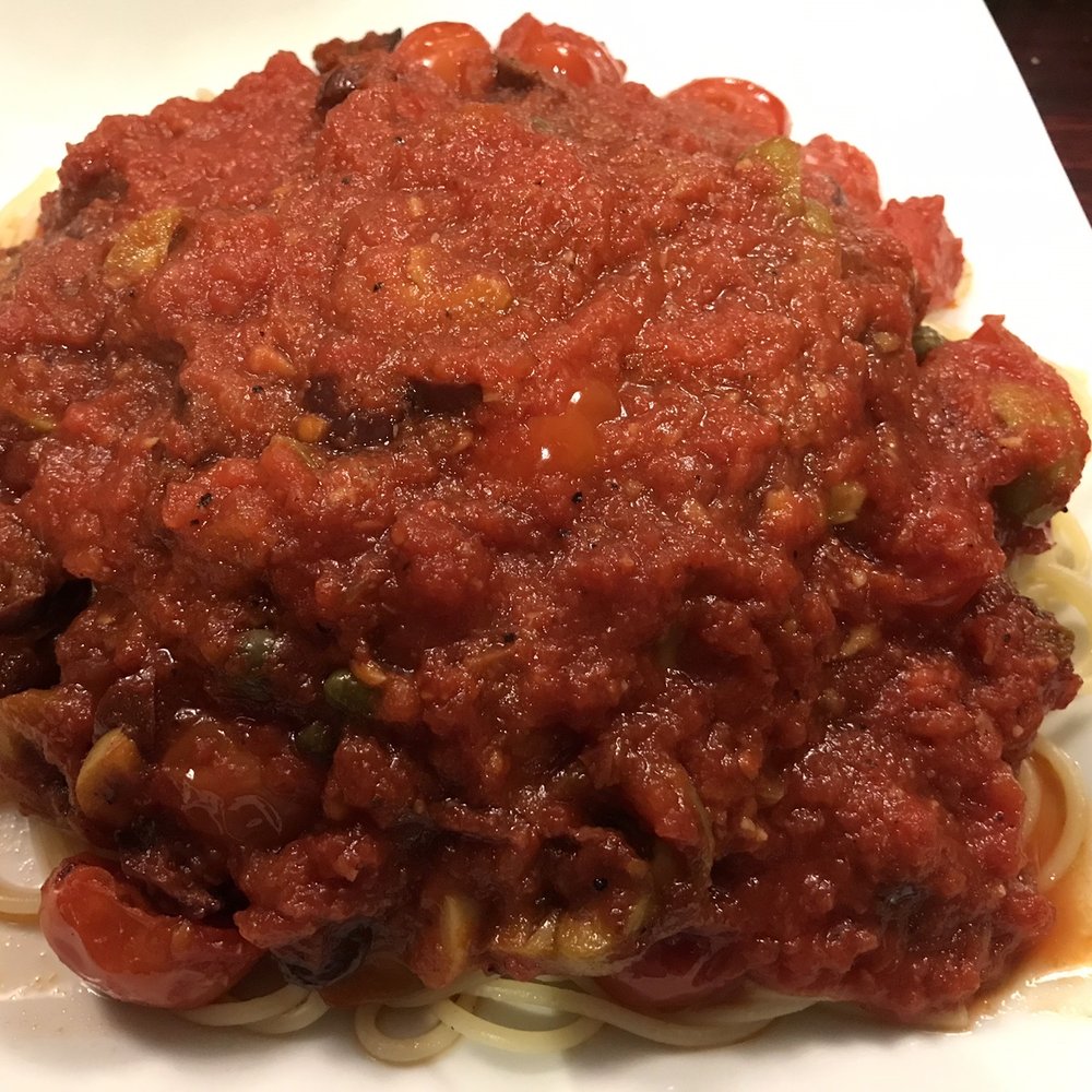 Mateos - Salmon putenesca over spaghetti awesome! - Salad Near Me - Freehold, New Jersey