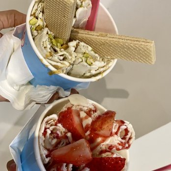 Rolly Polly Cow - Left: Pistachio Kulfi; Right: Strawberry Cheesecake - Ice Cream & Frozen Yogurt Near Me - Brampton, Ontario Rolly Polly Cow - Left: Pistachio Kulfi; Right: Strawberry Cheesecake - Ice Cream & Frozen Yogurt Near Me - Brampton, Ontario