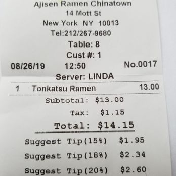 Ajisen Ramen - Bill for one - Ramen Near Me - New York, New York