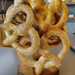 Variety of pretzel options ranging from salt, cheese and olive and herb