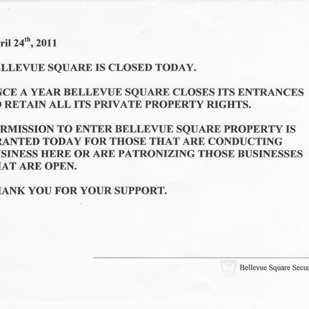 Bellevue Square - Notice received in the Bellevue Square parking structure on Easter Sunday, 2011 - Shopping Centers Near Me - Bellevue, Washington Bellevue Square - Notice received in the Bellevue Square parking structure on Easter Sunday, 2011 - Shopping Centers Near Me - Bellevue, Washington