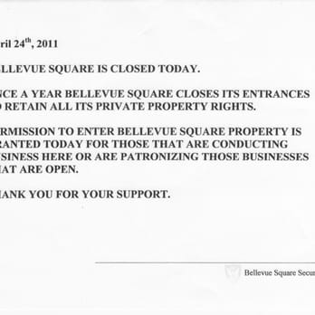 Bellevue Square - Notice received in the Bellevue Square parking structure on Easter Sunday, 2011 - Shopping Centers Near Me - Bellevue, Washington