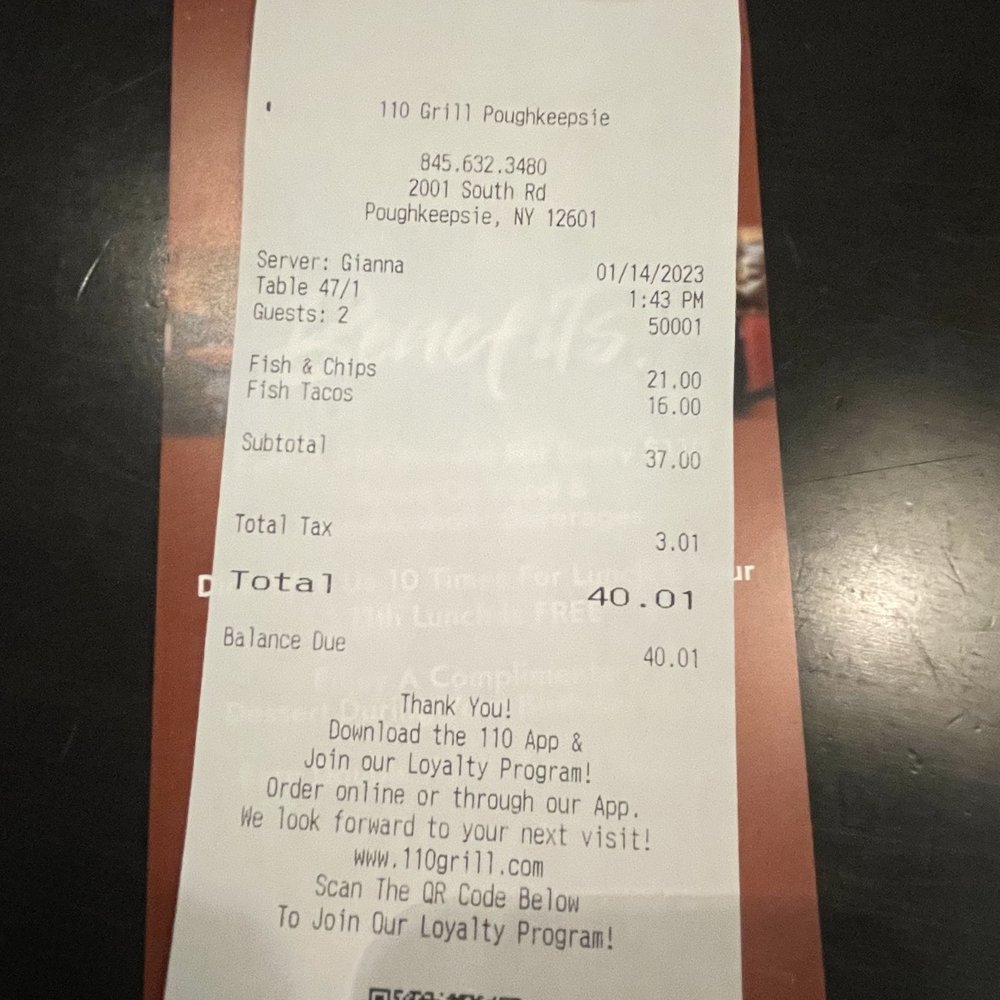 110 Grill - Receipt - New American Near Me - Poughkeepsie, New York 110 Grill - Receipt - New American Near Me - Poughkeepsie, New York