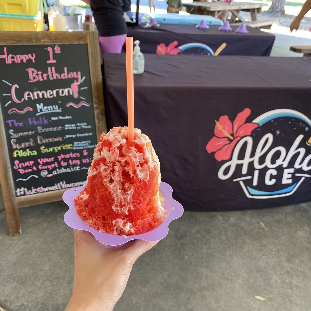 Aloha Ice - Aloha Surprise: Strawberry x Pineapple drizzled with coconut - Shaved Ice Near Me