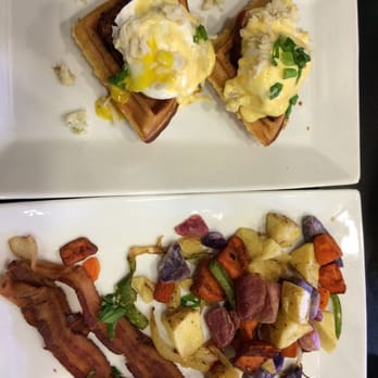 Waffles Incaffeinated - South Side - The Benny with home fries and bacon! - Breakfast & Brunch Near Me - Pittsburgh, Pennsylvania