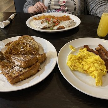 Shack Breakfast & Lunch - Shacks Big Crunch French Toast with Eggs and Bacon, and the breakfast Empanada special.  Oh yeah, I can't forget the Mimosa to top it off. - Breakfast & Brunch Near Me - Fallon, Missouri