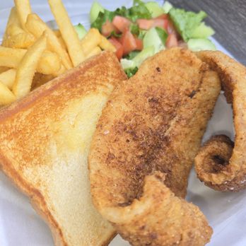 Ro's Belly Busting Barn - Fried fish dinner with fresh salad and seasoned fry. - Burgers Near Me - Houston, Texas Ro's Belly Busting Barn - Fried fish dinner with fresh salad and seasoned fry. - Burgers Near Me - Houston, Texas