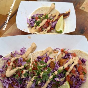 Deckhand Dave's Fish Tacos - Blackened Salmon Taco ($6.50) + 3 Beer-Battered Halibut Tacos ($21) - Food Trucks Near Me - Juneau, Alaska Deckhand Dave's Fish Tacos - Blackened Salmon Taco ($6.50) + 3 Beer-Battered Halibut Tacos ($21) - Food Trucks Near Me - Juneau, Alaska