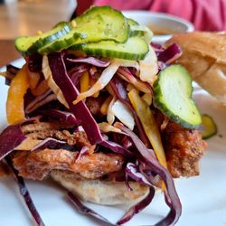 Mount Burgess Dining Room - Close-up of crispy fried oyster mushrooms burger