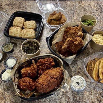 Frog & the Hen - Cheddar Biscuits, Hen Egg Roll, Green Beans, Mac & Cheese, Collards, Potato Wedges, honey butter fried chicken, Nashville hot fried chicken. - Southern Near Me - Augusta, Georgia
