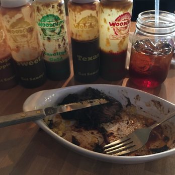 Woodchips BBQ - Burnt ends with variety of sauces and tea served a la mason jar - Barbeque Near Me - Lapeer, Michigan