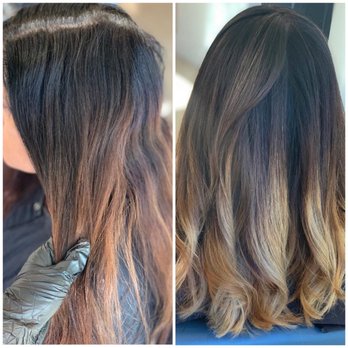 Mirror Mirror Salon - The Grove - On the left:Old red color and months of bad highlights as well as 4 weeks of regrowth. On the right: no more red, gray or bad highlights. - Hair Stylists Near Me - Austin, Texas