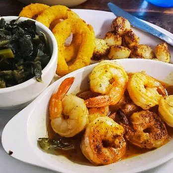 Mayflower Seafood Restaurant - Broiled Jumbo Shrimp & Scallops w/Collard Greens - Seafood Near Me - Elizabethton, Tennessee