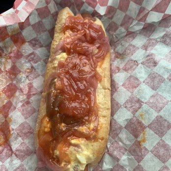 Devil Dogs Hot Dogs - Deviled egg dog with pickled onions and jalapeño w/ sriracha. - Hot Dogs Near Me - North Arlington, New Jersey