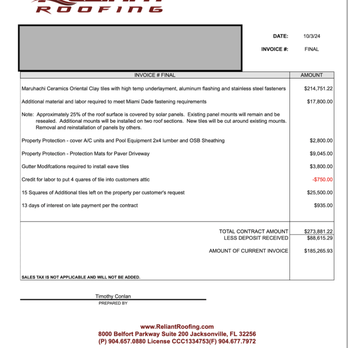 Reliant Roofing And Solar - Later roof contract with false charges added - Roofing Near Me - Jacksonville, Florida Reliant Roofing And Solar - Later roof contract with false charges added - Roofing Near Me - Jacksonville, Florida
