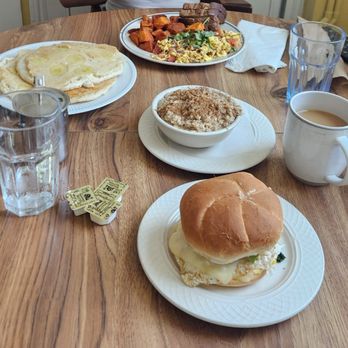 Sarah's On Main - [Clockwise] Special scramble, coffee, sarah's sandwich, banana pancakes, oatmeal - Breakfast & Brunch Near Me - Portland, Connecticut