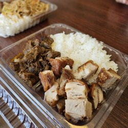 Rene-Rose Island Cuisine - Combo Plate w/2 items. Lechon Kawali & Bistek.