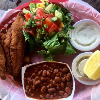 The Original Q Shack - Cajun catfish platter with baked beans and side salad - Barbeque Near Me - Durham, North Carolina The Original Q Shack - Cajun catfish platter with baked beans and side salad - Barbeque Near Me - Durham, North Carolina