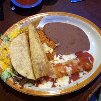 Adobe Cafe - Number 11 platter...one enchilada, one crispy taco, one tamale with rice &a beans. - Tex-Mex Near Me - New Braunfels, Texas Adobe Cafe - Number 11 platter...one enchilada, one crispy taco, one tamale with rice &a beans. - Tex-Mex Near Me - New Braunfels, Texas