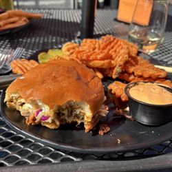 The Firehall Kitchen and Taphouse - Pulled piek sandwich with sweet potato fries.