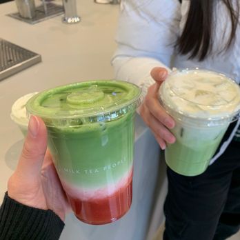 Milk Tea People - Strawberry Matcha Tea Latte (left), Matcha Jasmine Sweet Cream (right) - Tea Rooms Near Me - Denver, Colorado