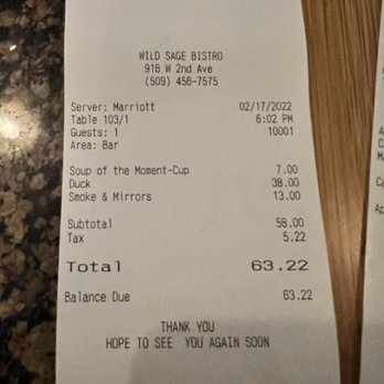 Wild Sage Bistro - Receipt - New American Near Me - Spokane, Washington