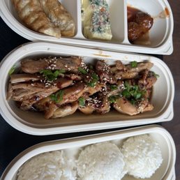 Main - Spicy Chicken Teriyaki, Sides - Meatball, steamed egg, dumplings Main - Spicy Chicken Teriyaki, Sides - Meatball, steamed egg, dumplings